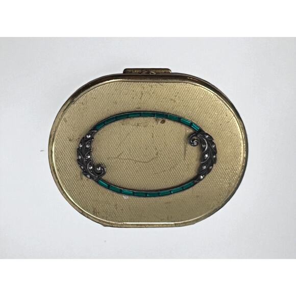 Vintage Emrich Compact Gold Oval Rhinestones Green Powder 1940s - Picture 1 of 4